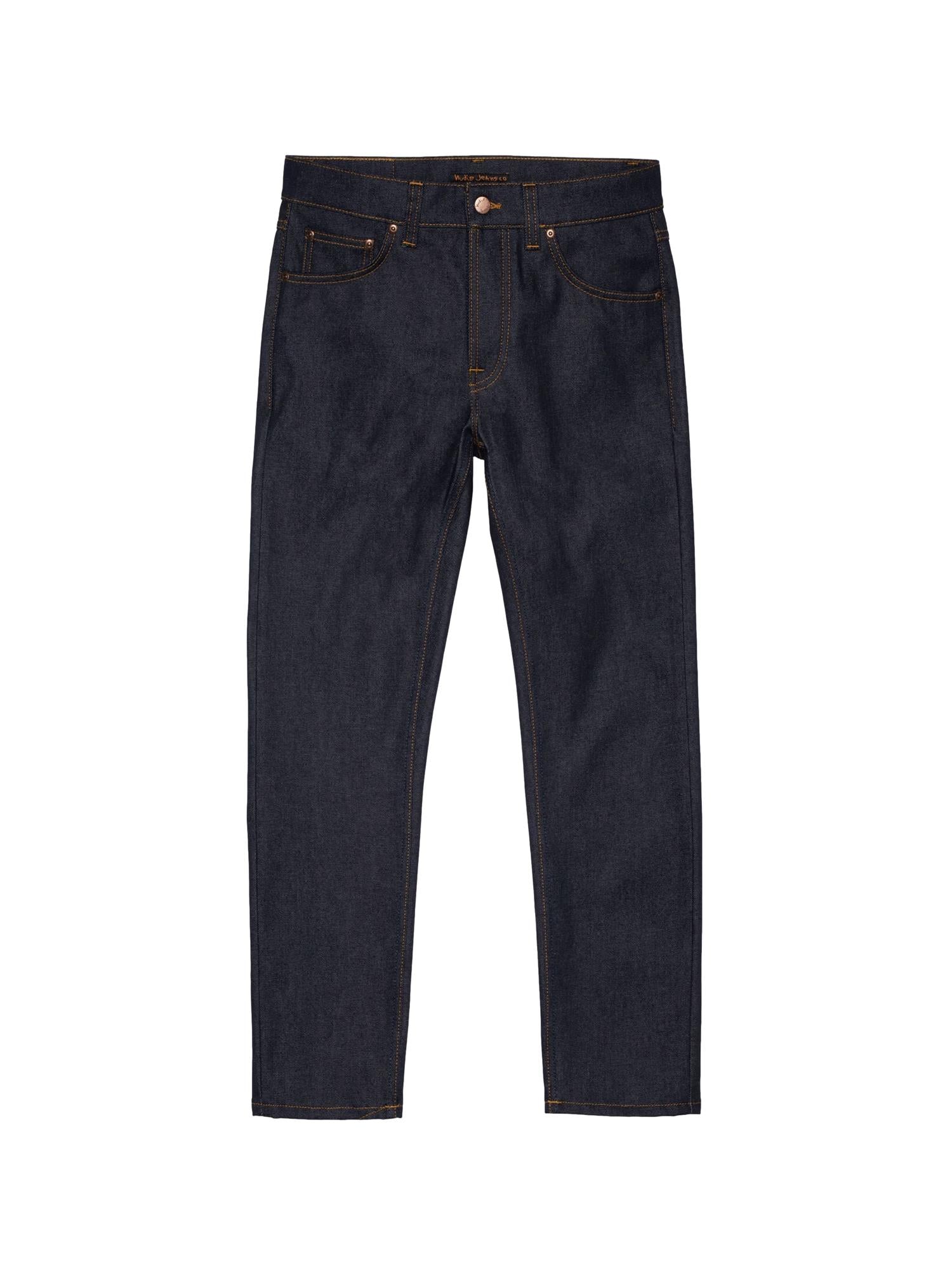 Mørkeblå Nudie Jeans Solid Ollie Dry Abyss jeans, slim fit med klassisk design og synlige sømmer, liggende på en hvit bakgrunn