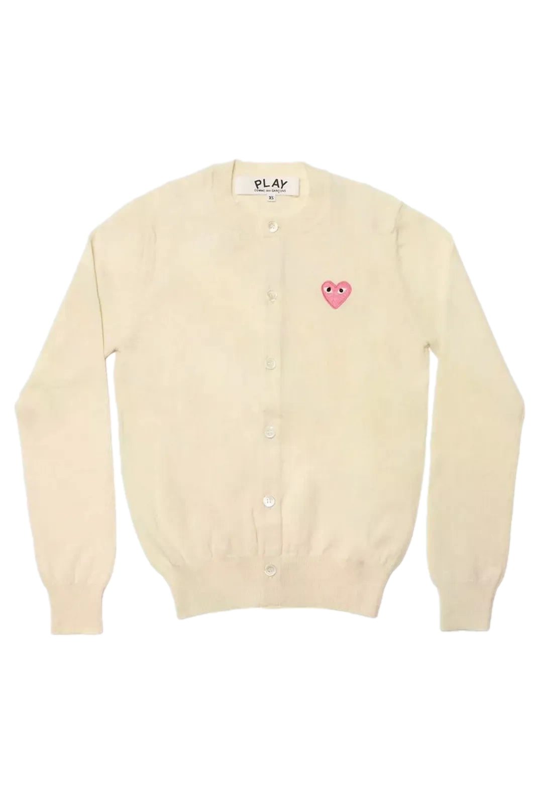 Comme des Garcons Play Round Neck Cardigan Pink Emblem Cardigan Lys Beige