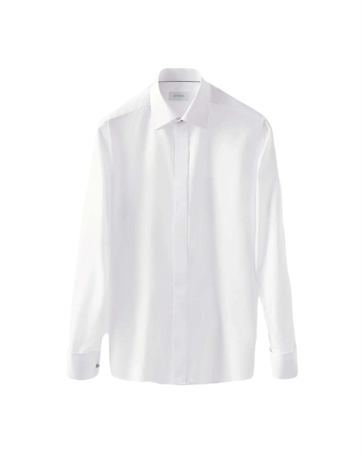 Eton 3000 Slim hvit signature twill skjorte for kveld, nærbilde av hvit skjorte med elegante detaljer.