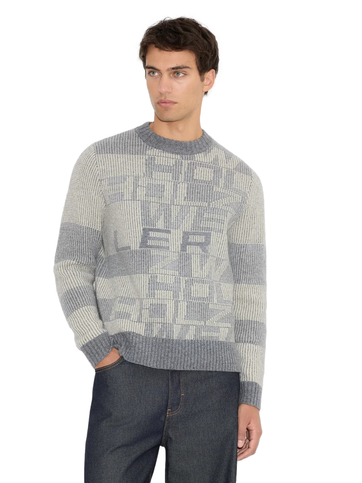 Holzweiler Lev Logo Crewneck-genser i hvit og grå, nærbilde av den komfortable, myke bomullsgenseren med logo på brystet.