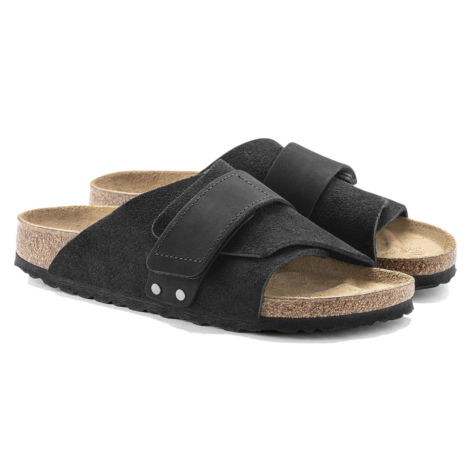 Birkenstock Kyoto nubuck og skinnsko i sort, komfortabelt design med mykt skinn og slitesterkt materiale.