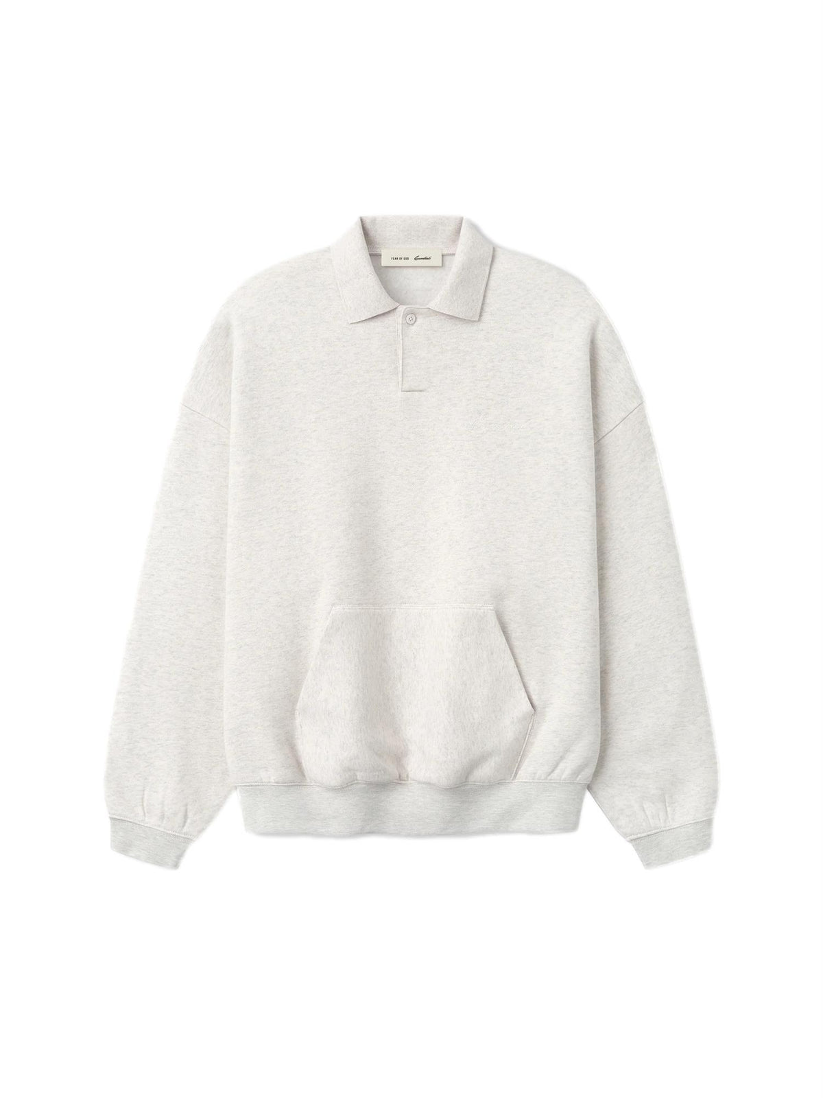 Lys grå melert Fear of God Essentials Signature 90's polo sweatshirt, myk og komfortabel genser med krage og ribbede detaljer.