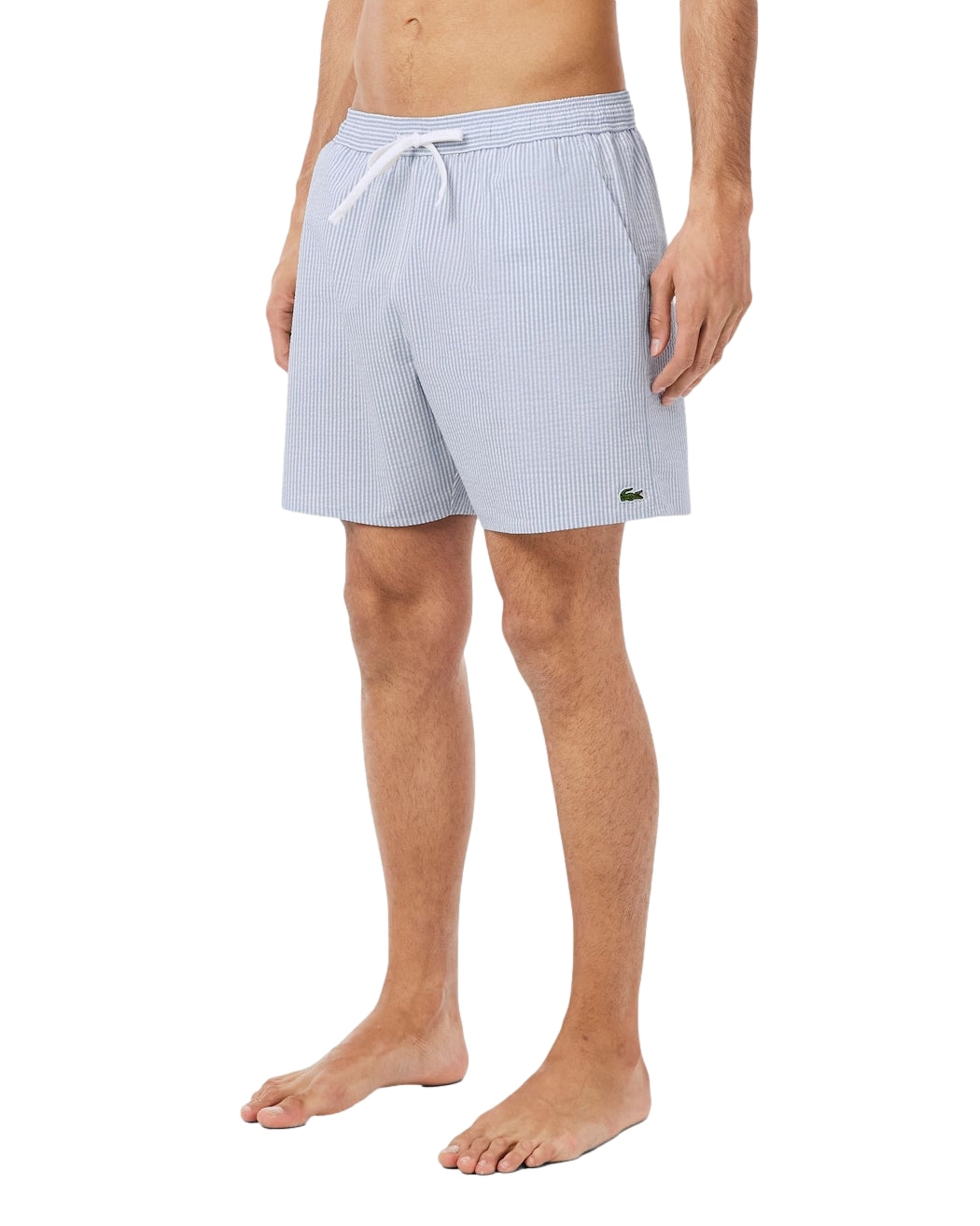 Lacoste Mid Lengths Striped Textured Swim Trunks Badetøy Hvit Og Blå