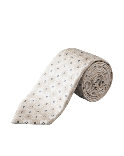 Eton slips i lys beige med medaillonvevd silketekstil, elegant slips for formelle anledninger.