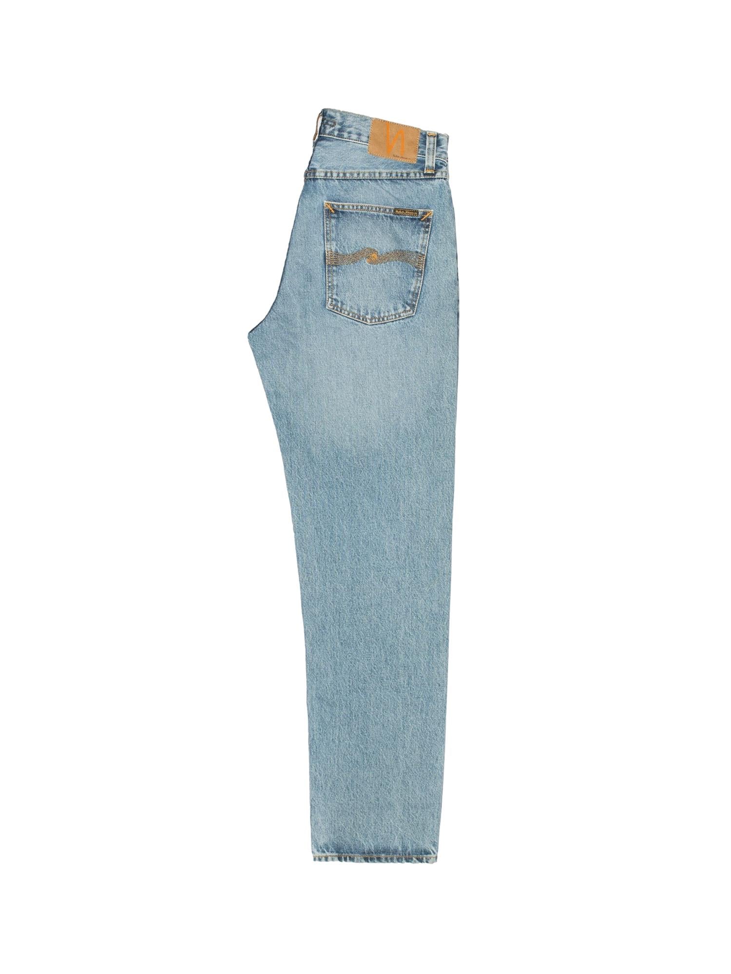 Nudie Jeans Rad Rufus indigo blå jeans for menn, klassisk blå denim med rette ben og synlig vaskepattern.