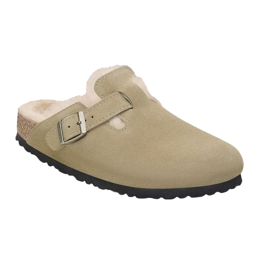 Birkenstock Boston Shearling Narrow taupe beige sko med mykt fôr og lukket tå