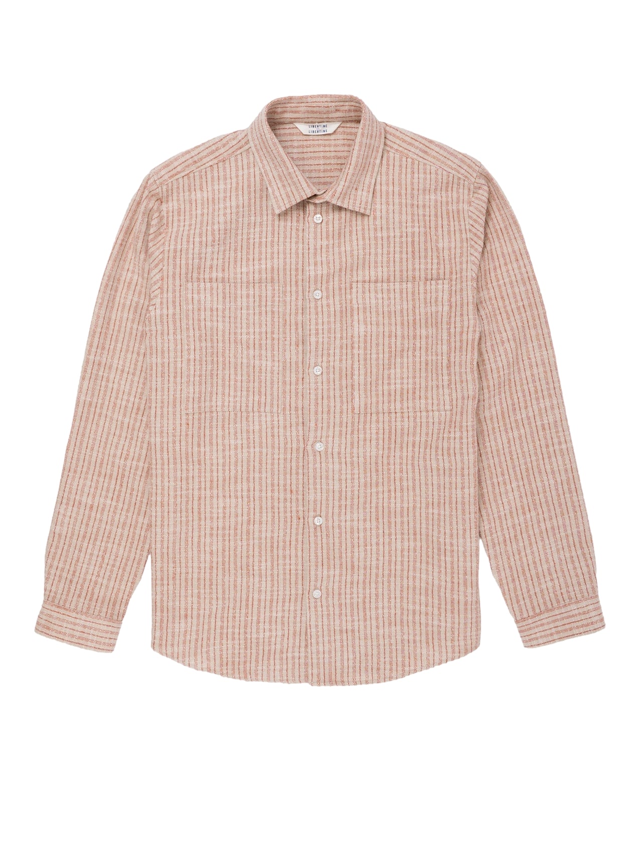Libertine Libertine Canyon Burned Ocre skjorte i beige og oransje med løs passform og knappelukking, vises i bildet.