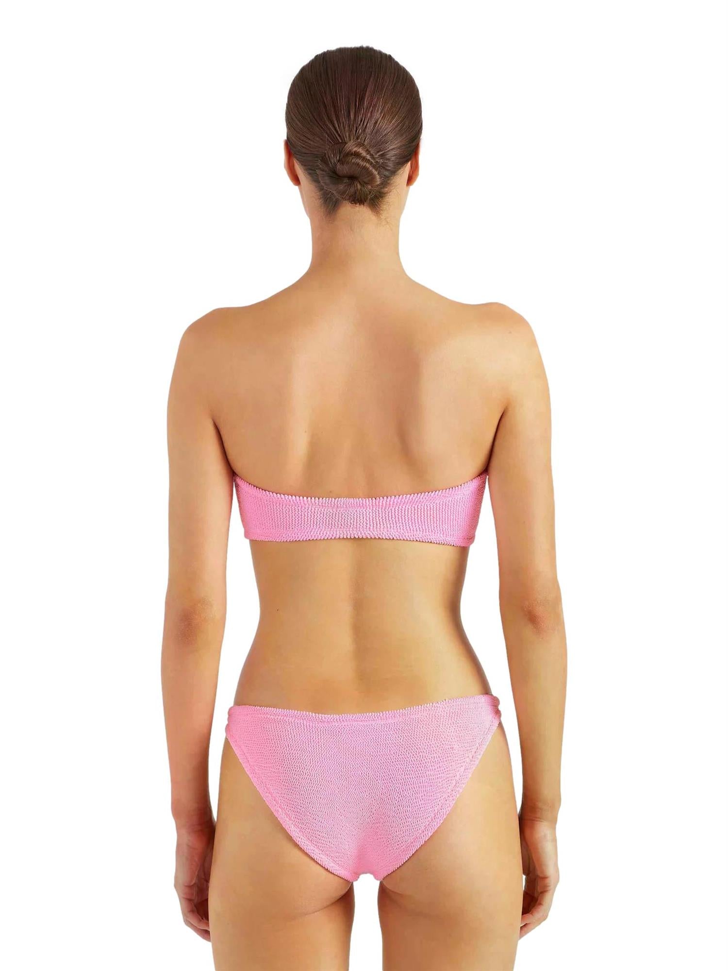 Hunza G rosa Jean bikini med bubblegumfarge, badetøy for damer, viser bikinidel med høy midje og mykt stoff.