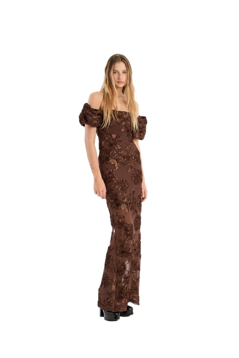 ROTATE Flower Mesh Maxi Dress Kjole Brun
