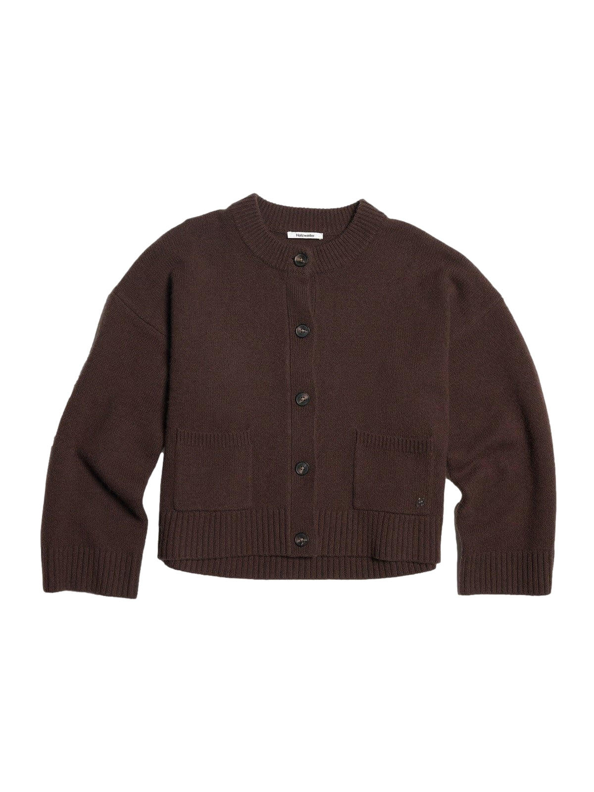 Holzweiler W Wool Wide Cardigan i brun med tykk, myk ull, vist fra forsiden. Komfortabel og stilfull frakkeklær.
