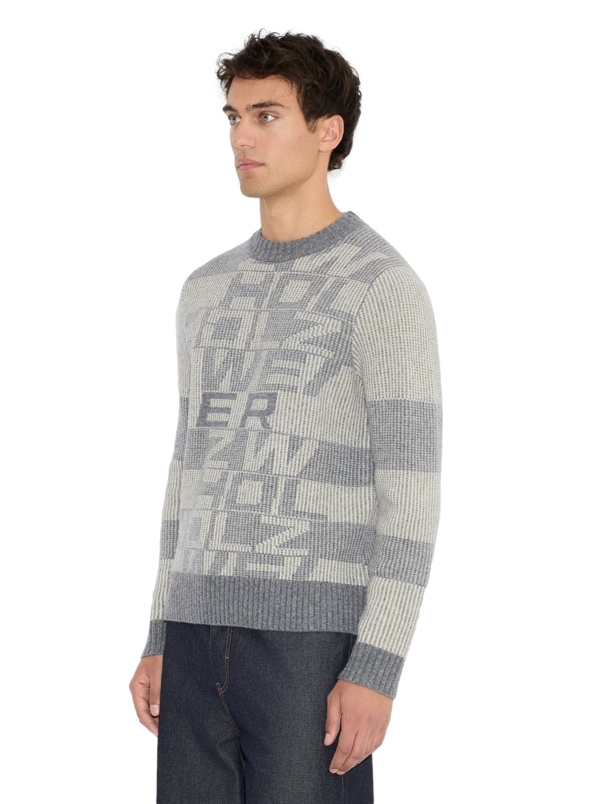Holzweiler Lev Logo Crewneck-genser i hvit og grå, komfortabel og stilfull herregenser med logo-trykk.