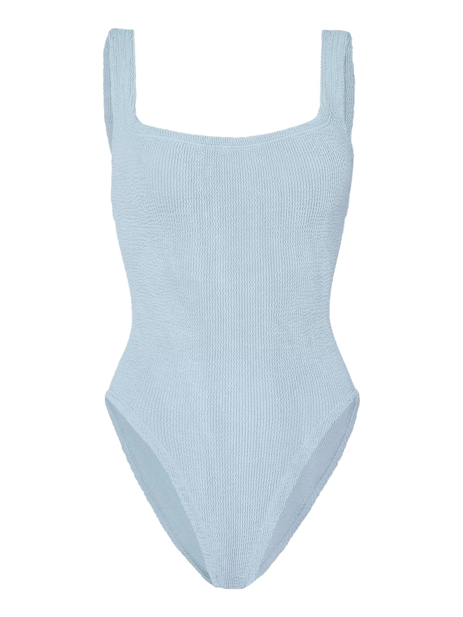 Hunza G metallisk lyseblå badedrakt med firkantet hals, komfortabelt og stilfullt design, perfekt for svømmeturer og strandbruk.