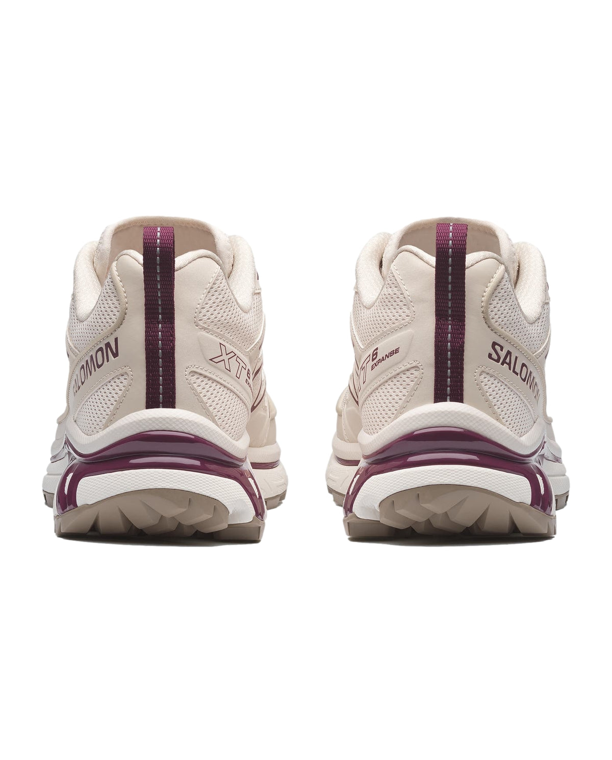 Salomon XT-6 Expanse joggesko med hvit, burgunder og beige farger, vist fra siden med detaljert design og tekstur.