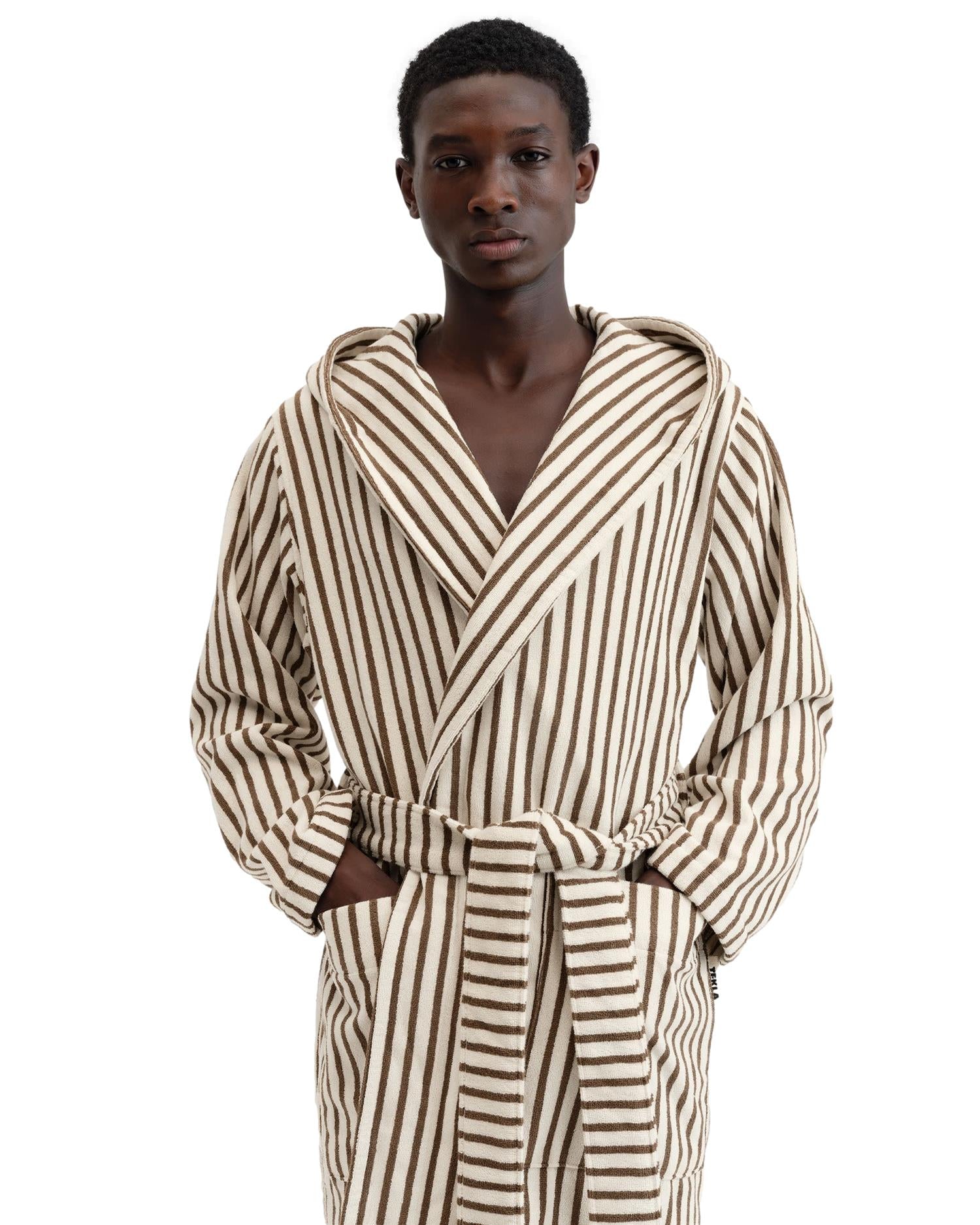 Tekla Hooded Bathrobe Kodiak Stripes Undertøy Morgenkåpe Hvit Og Brun