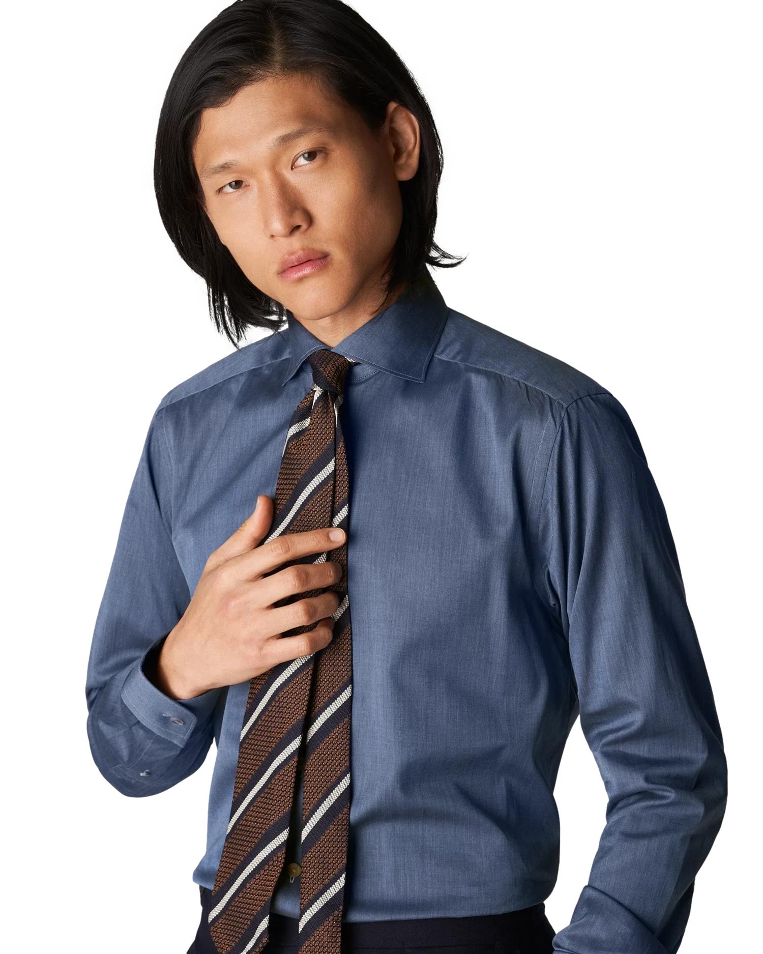 Eton Flanel Herringbone blue Skjorte Melert Blå - modostore.no