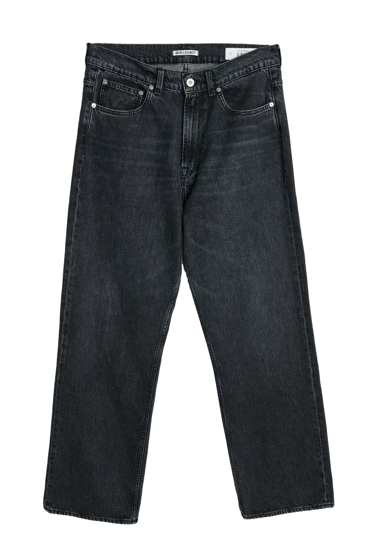 Sort Our Legacy jeans med tredje kutt, viste vasket finish og klassisk passform, synlig på bildet.