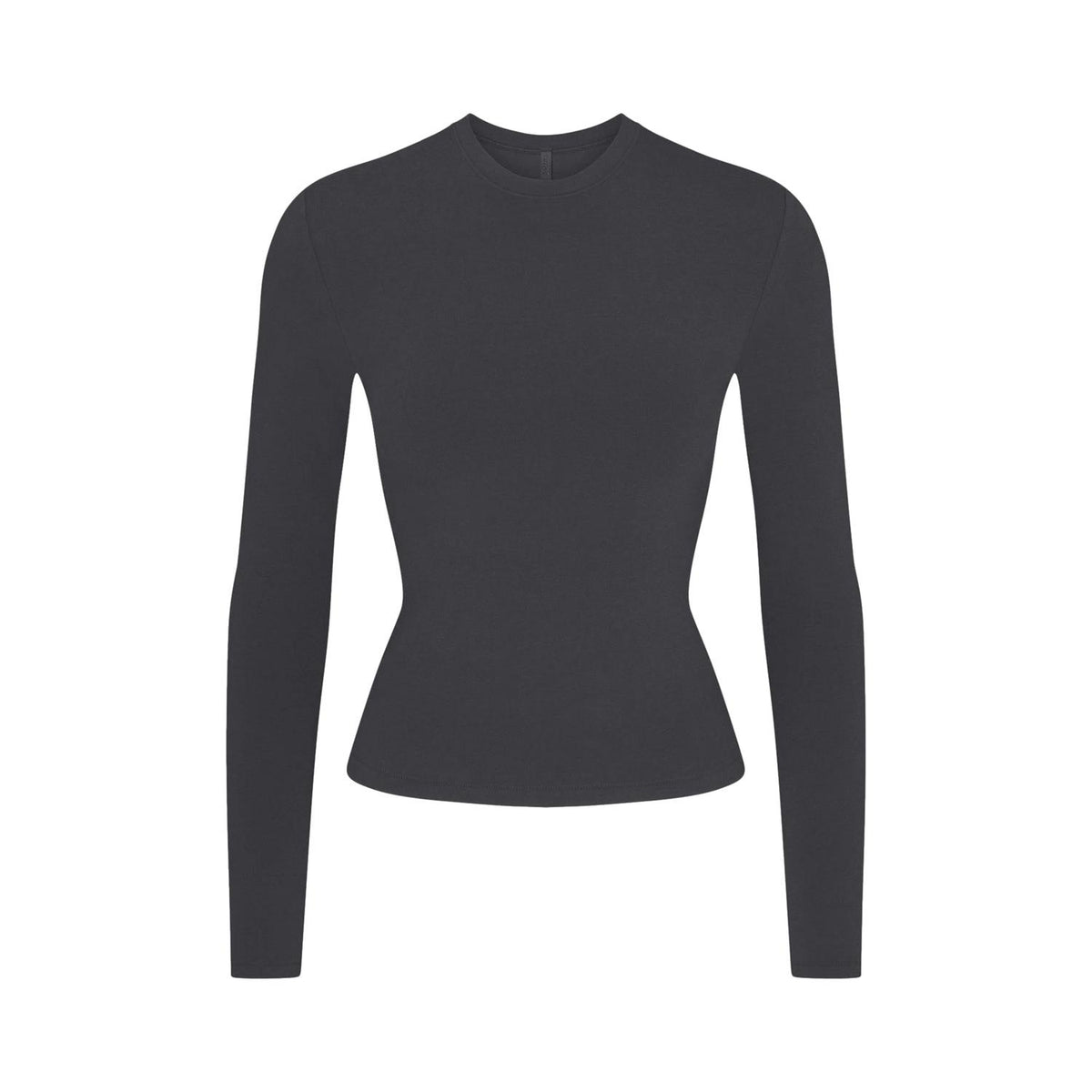 Mørkegrå SKIMS bomullsjersey langermet T-skjorte, myk og behagelig, vist på en modell.