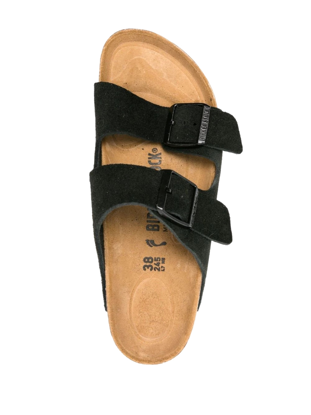 Birkenstock Arizona suedesko i skinn, sorte, med to justerbare stropper og komfortabel fotseng.