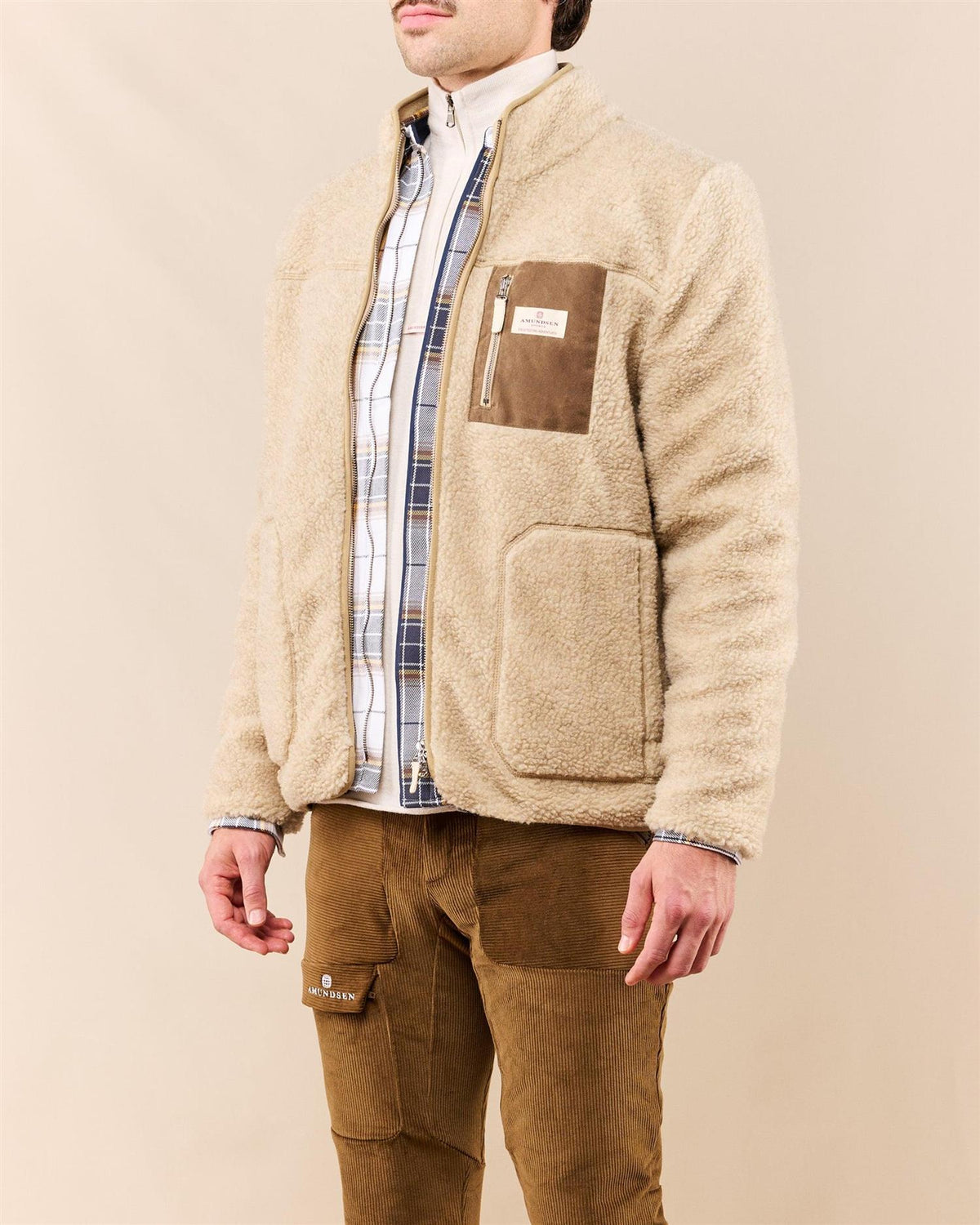 Amundsen Heroes Wool Fleece Jakke for menn i brun og beige, varm og komfortabel fleecejakke med ullmateriale