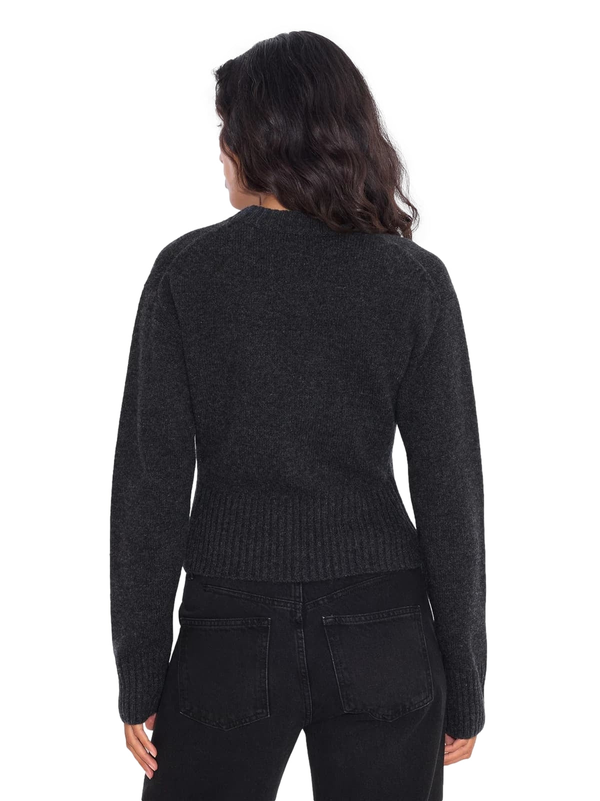 Holzweiler Julia cropped genser i mørkegrå, myk og komfortabel crewneck med kort passform, vises på bildet.