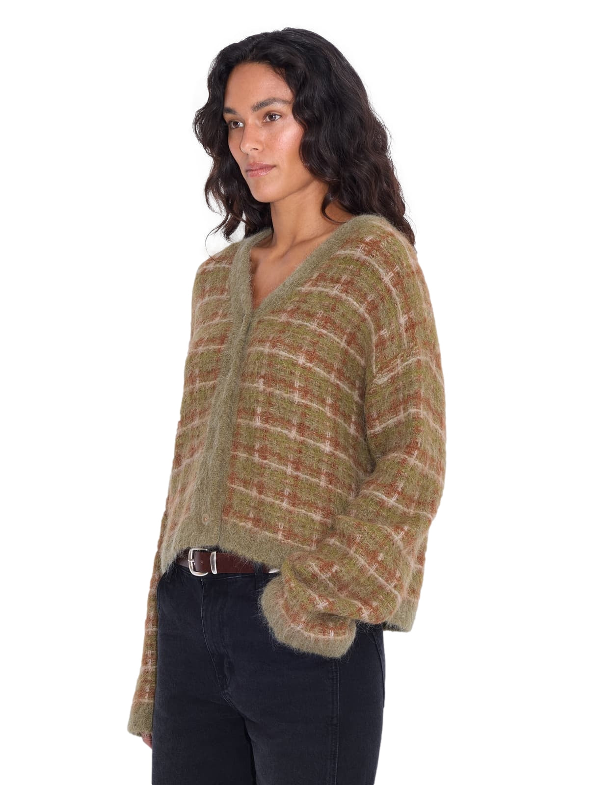 Holzweiler Kate Check cardigan i grønn med rutemønster, lang ermeløs modell, myk og komfortabel for hverdagsbruk.