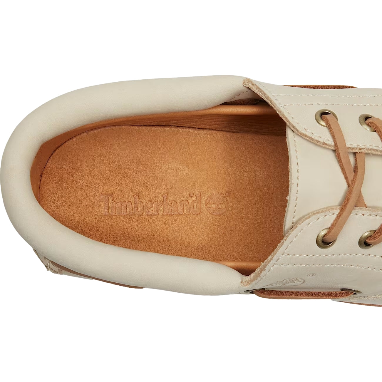 Beige Timberland Authentic Lake House 3-Eye Lug Boat Shoe med lærreimer og gummisåle, vist fra siden.