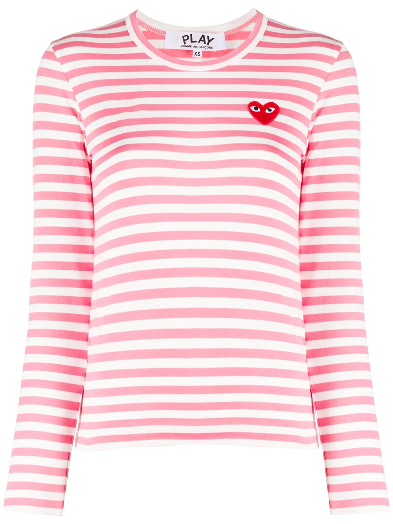 Comme des Garcons Play Unisex T-shirt LS Red Emblem Genser Stripet Rosa