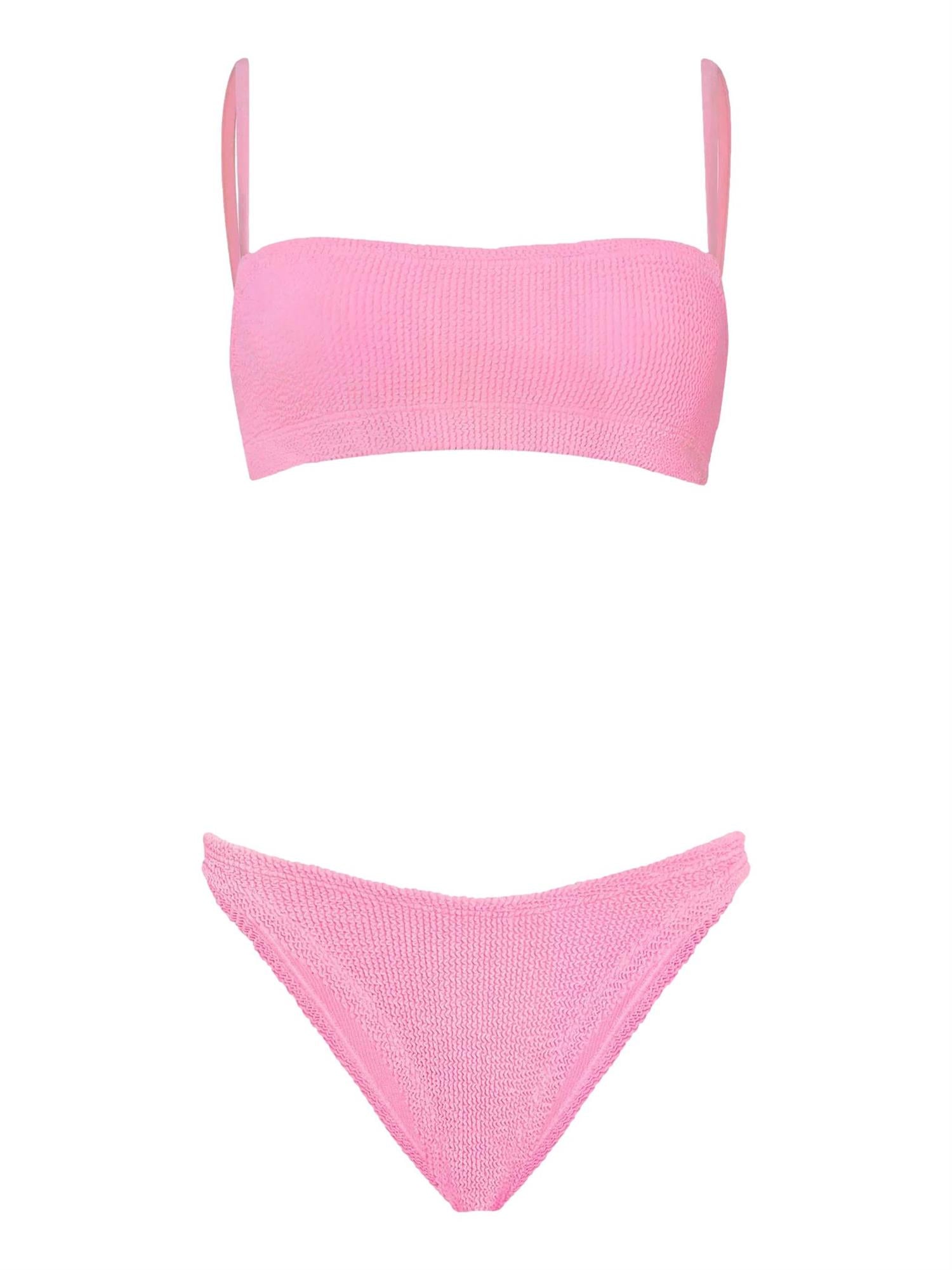 Hunza G Gigi rosa bikini av boblebadestoff, med tettsittende passform og mykt materiale, perfekt for strand og svømmeturer.