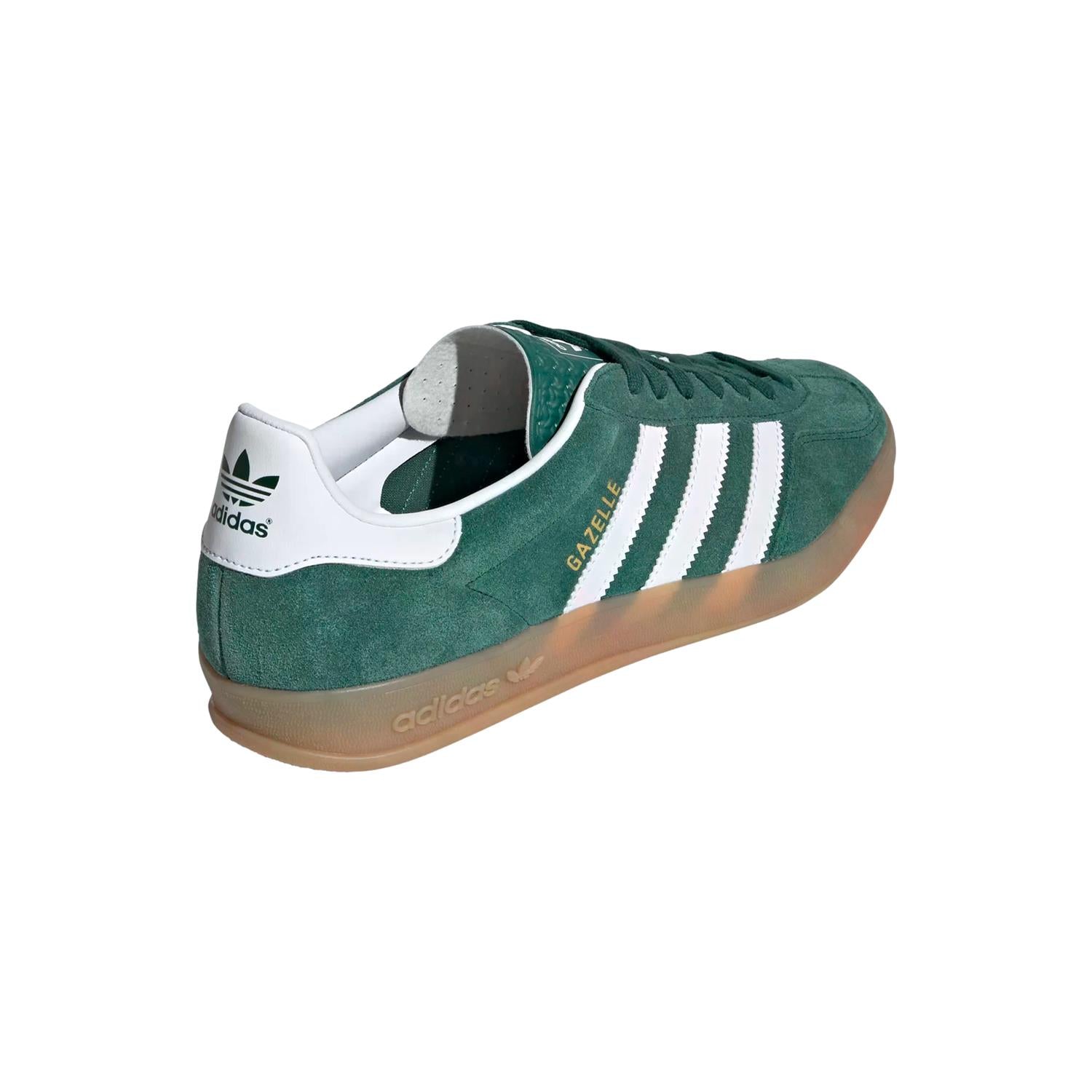 Grønne Adidas Gazelle Indoor-sko med lissesåle og klassisk design, perfekt for innendørs bruk.