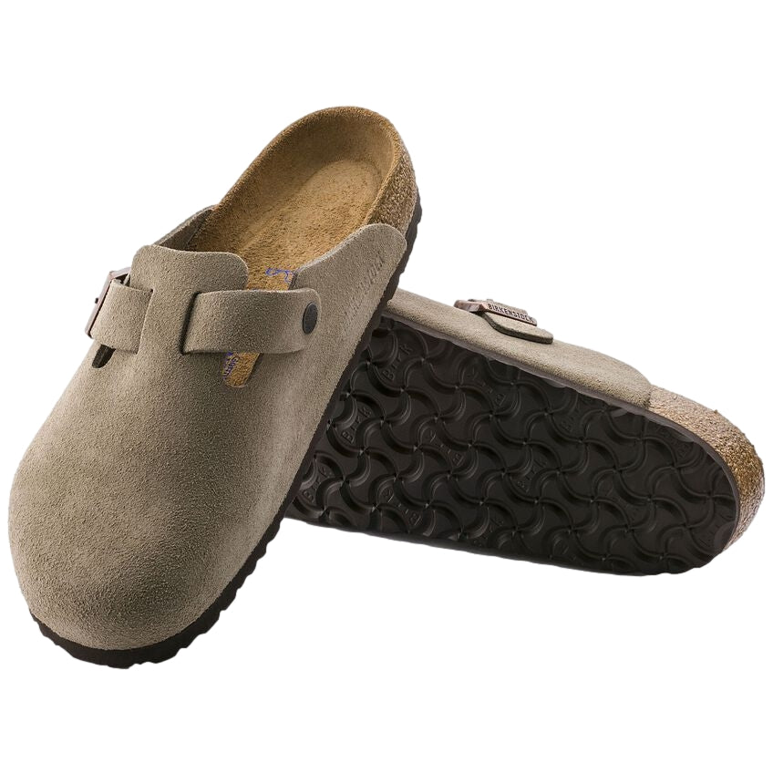 Birkenstock Boston SFB nubretsko i smal passform i taupe, komfortable og stilfulle slip-on sko for menn og kvinner.