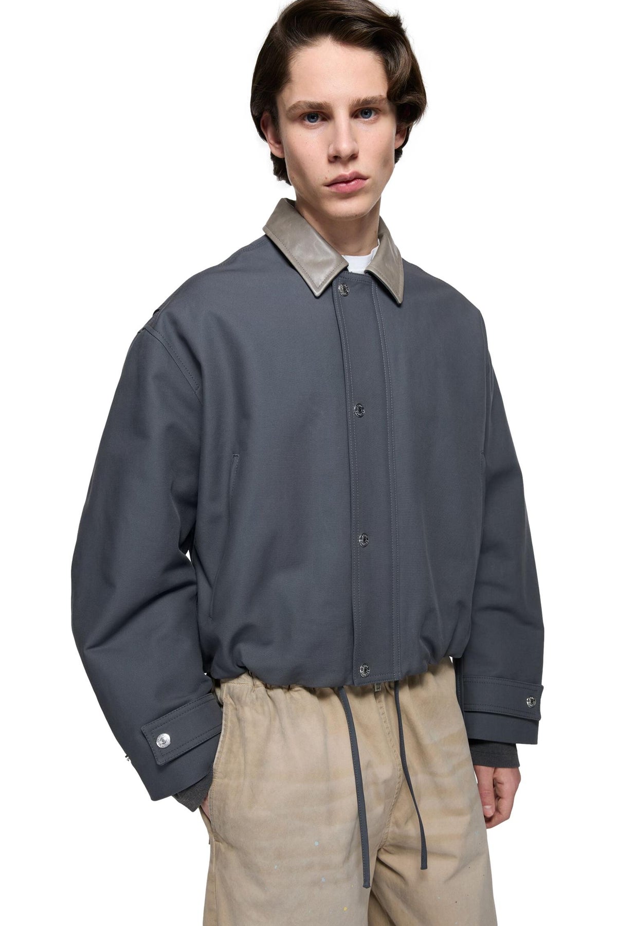 Acne Bomber Leather Collar Jakke Mørkegrå