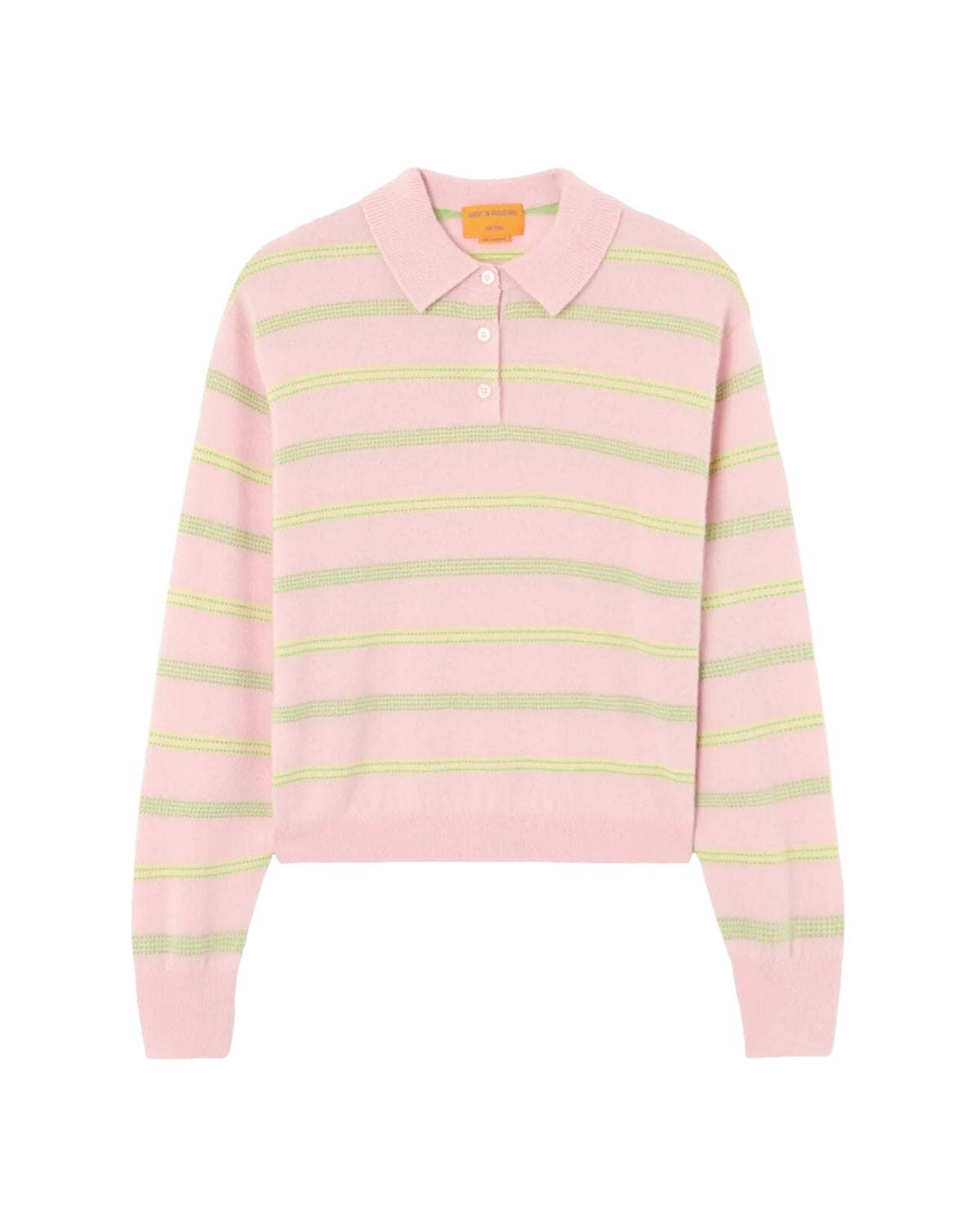 Guest In Residence collegiate stripe polo genser i rosa og grønn, med horisontale striper og klassisk passform.
