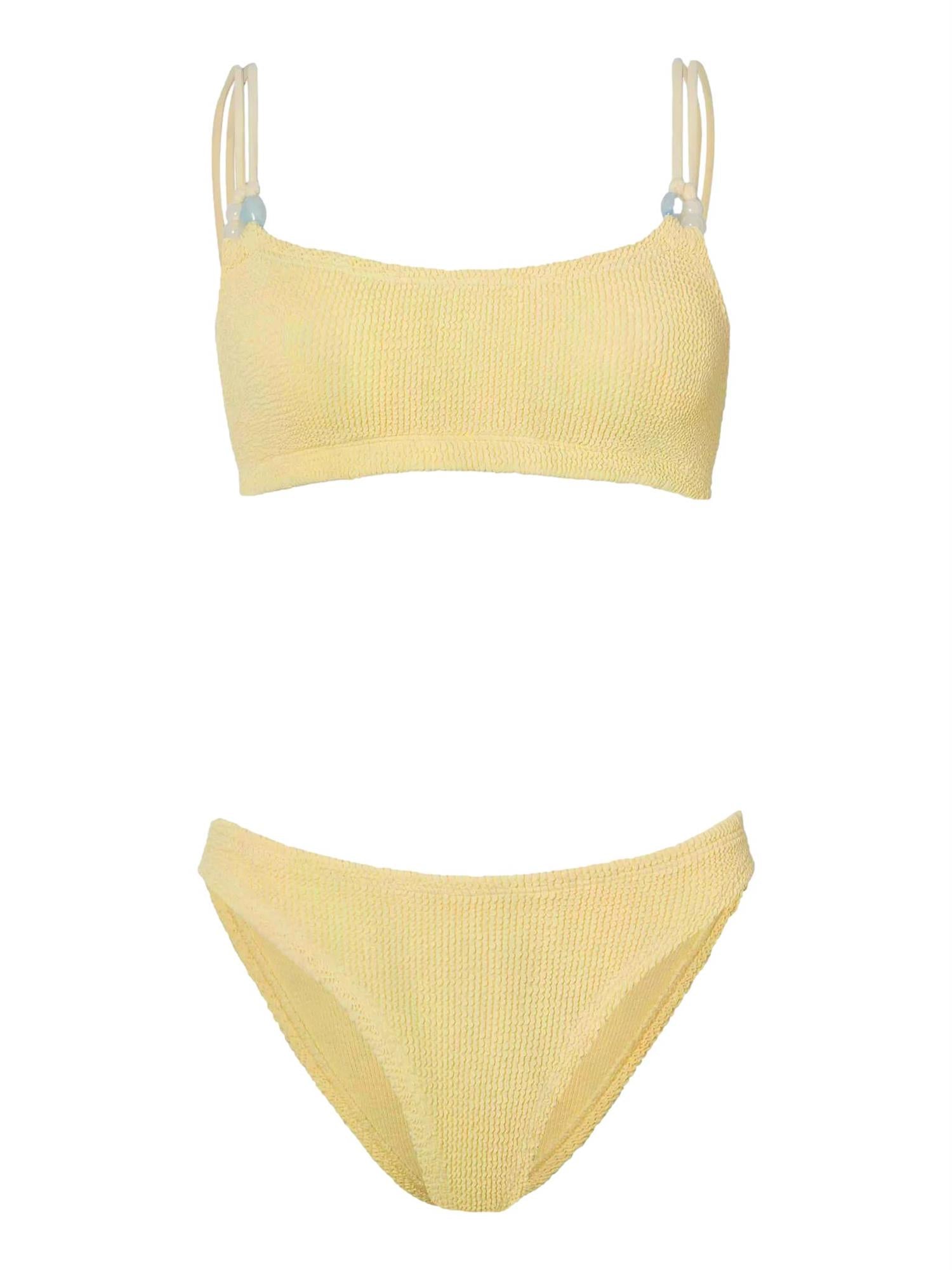 Hunza G Cassie beaded bikini i gul, sommerlig badeantrekk i myk, strikket stoff med beaded detalj.