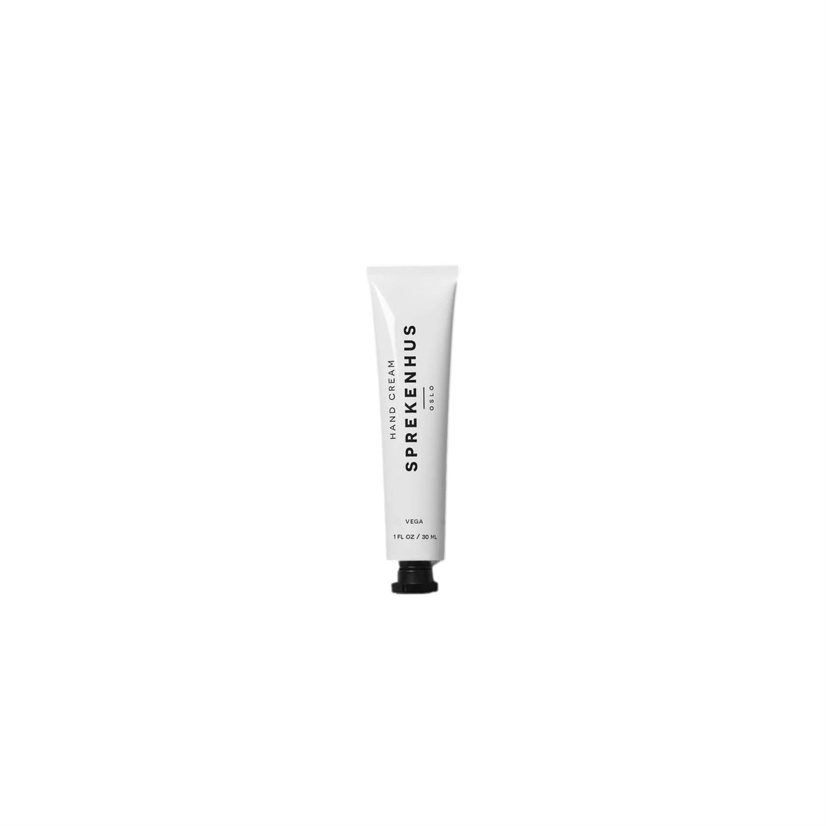 Sprekenhus Vega håndkrem i hvit tube, 30 ml, nærbilde av kremflasjen med hvit design og minimalistisk etikett.