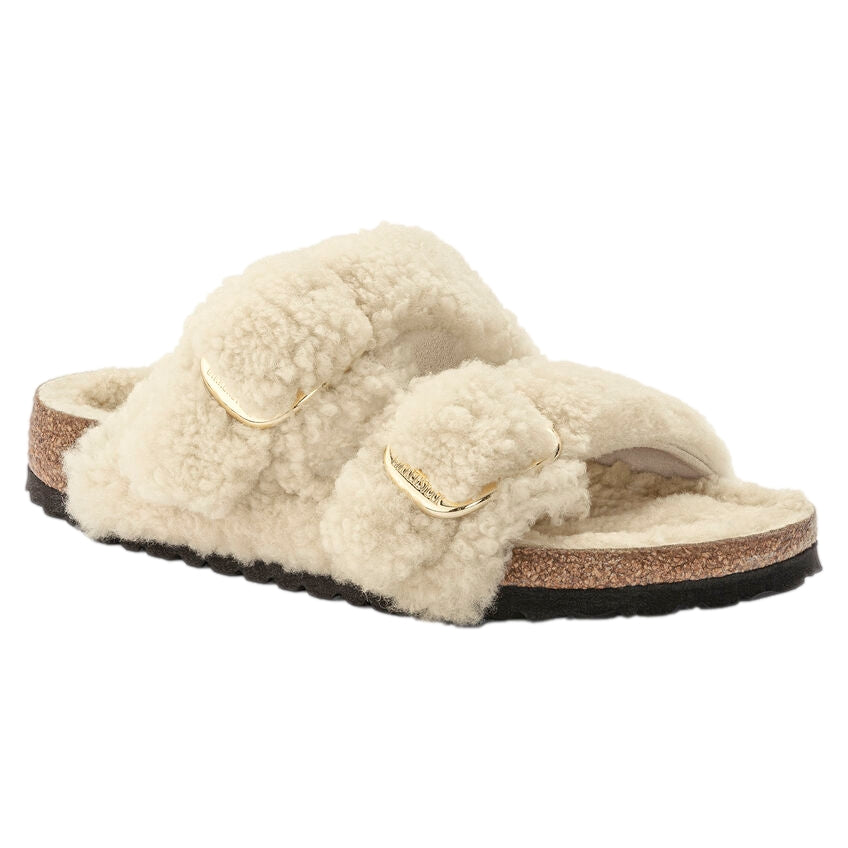 Birkenstock Arizona Big Buckle Teddy Narrow sko i off-white med stor skinnspenne og komfortabel design.