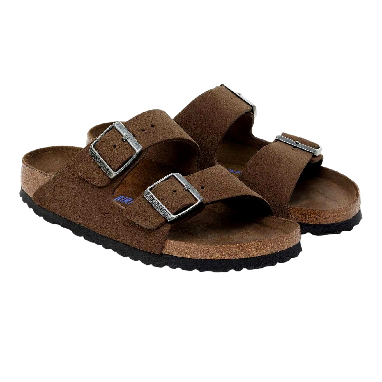 Birkenstock Arizona SFB suède sko i smal modell, mørk tefarge og lysebrunt tonalt design, komfortabelt og stilig footware.