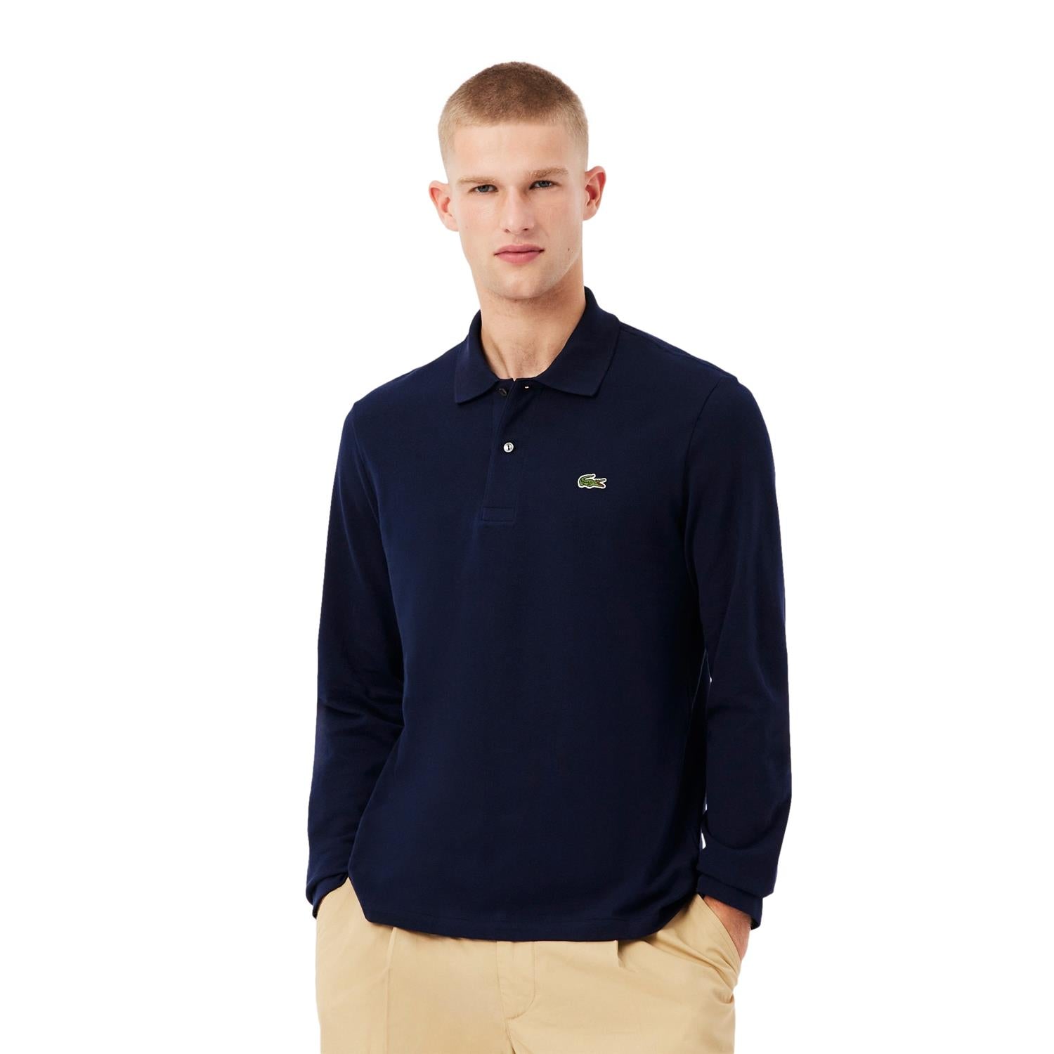 Lacoste langermet poloskjorte i klassisk passform, langarm, navyfarge, med krokodillelogo på brystet
