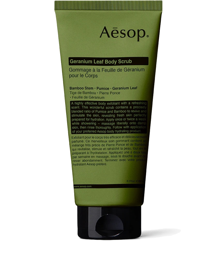 Aesop Geranium Leaf Body Scrub i grønn emballasje, 180ml, naturlig kroppsskrubb med plantebaserte ingredienser.
