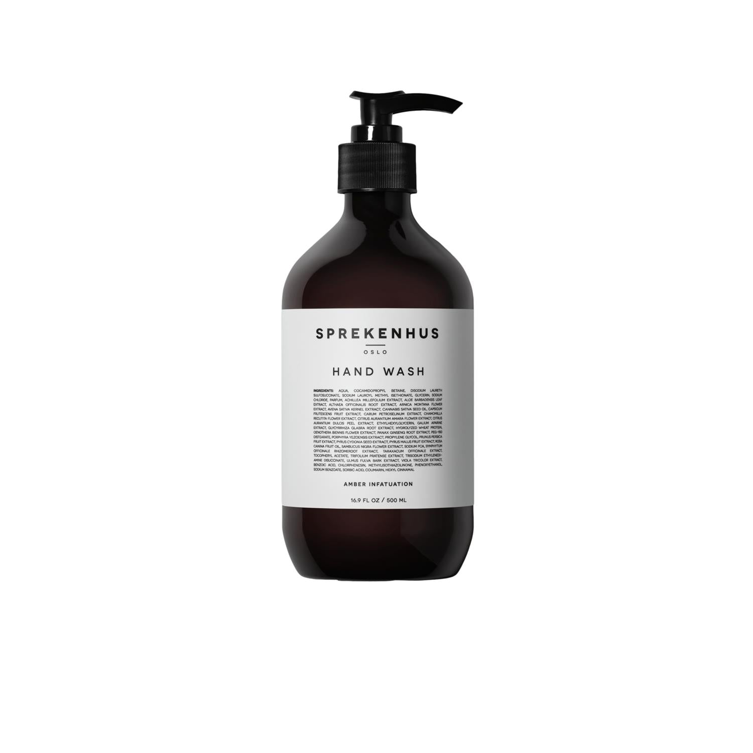 Sprekenhus håndsåpe i 500ml med gjennomsiktig flaske og amber infatuation duft, viser en elegant håndsåpeflaske.
