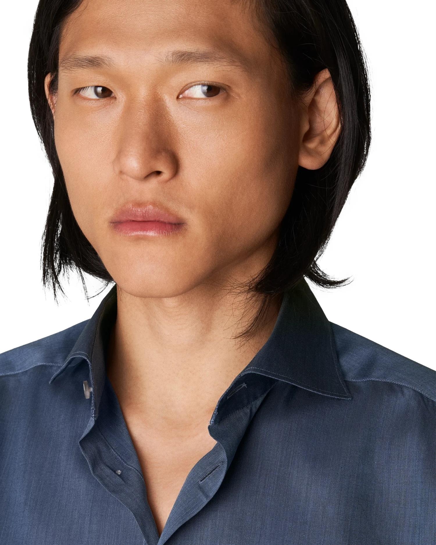 Eton Flanel Herringbone blue Skjorte Melert Blå - modostore.no