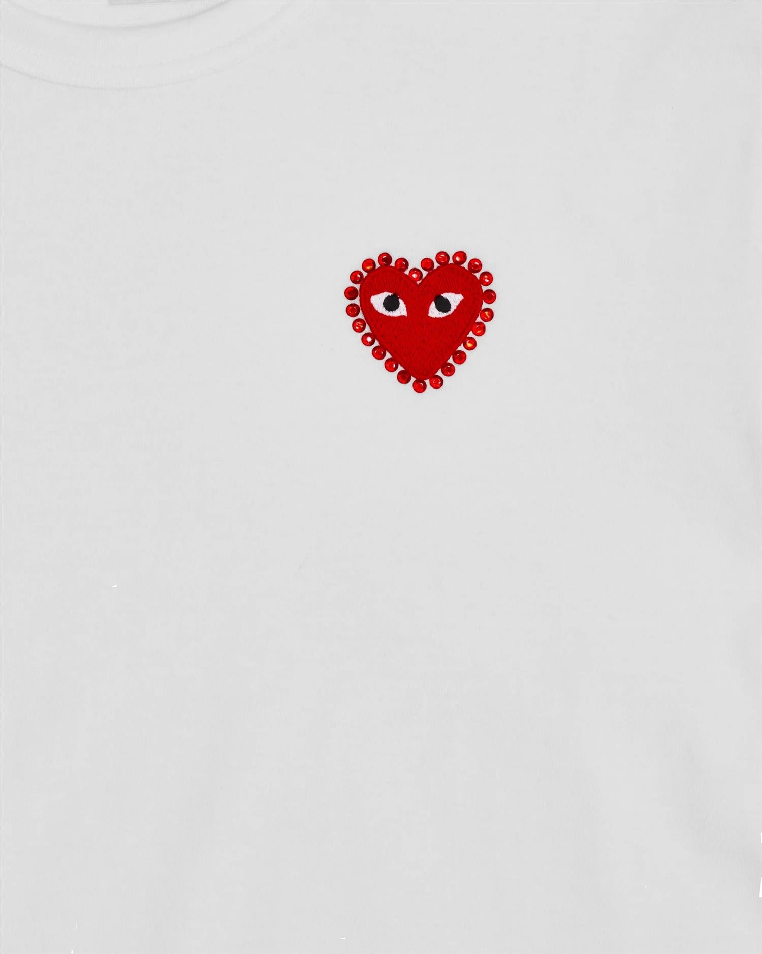Comme des Garcons Play T-shirt Rhinstone Emblem Heart T-shirt Hvit