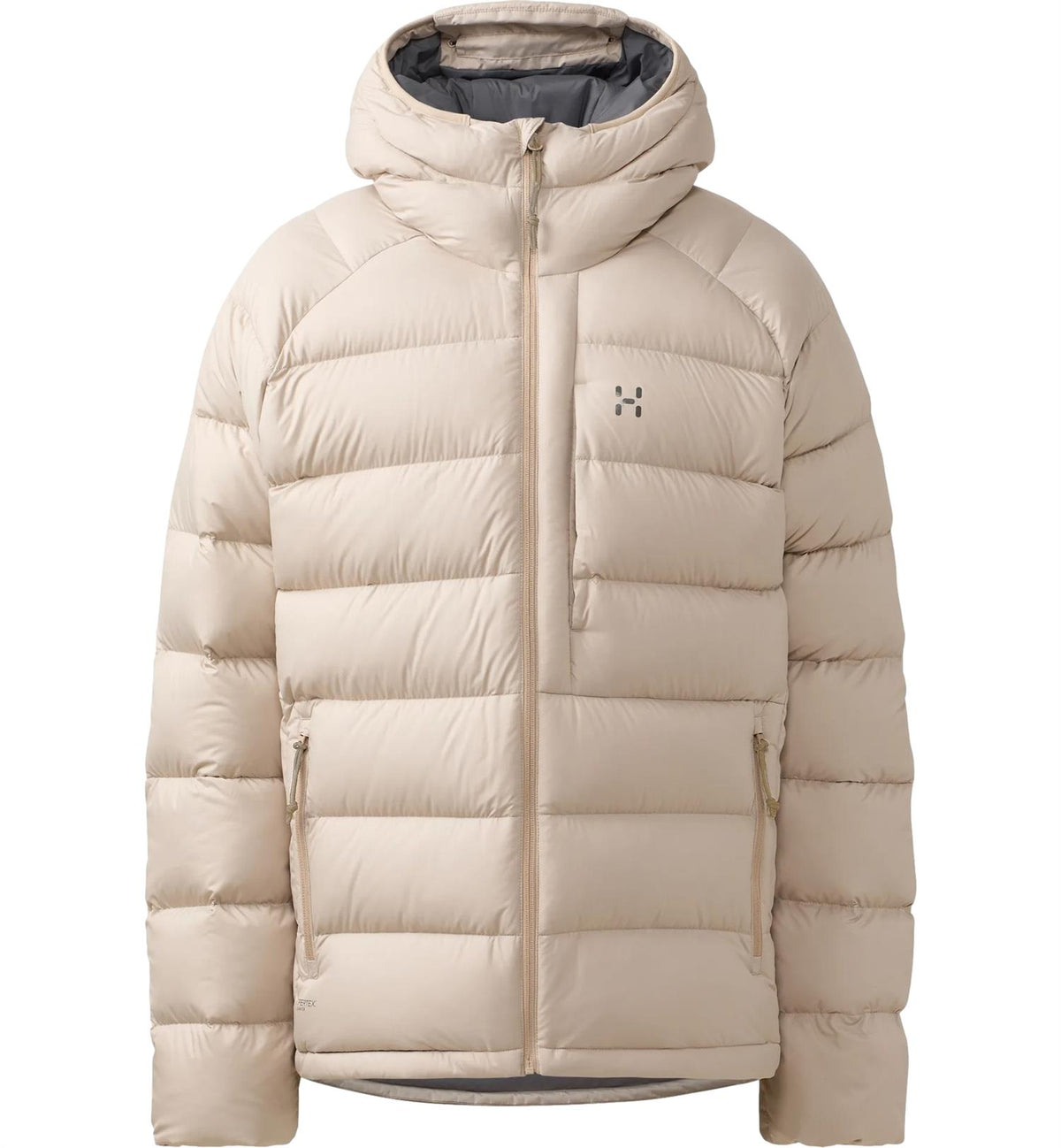 Haglöfs Rosson Down Hood herrejakke i lys beige, varm dunjakke med hette og isolasjon, utendørsbruk.