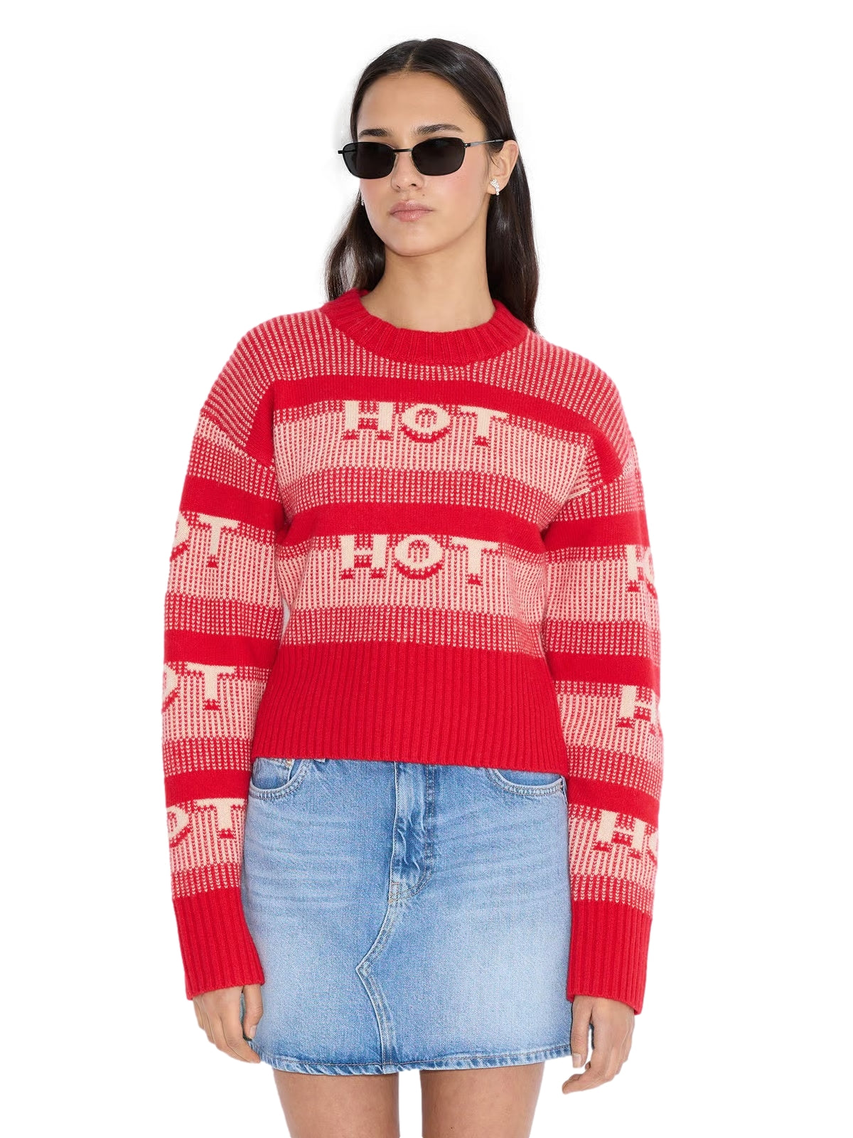 Holzweiler Hot Cropped Crew Genser Rødt Mønster - modostore.no