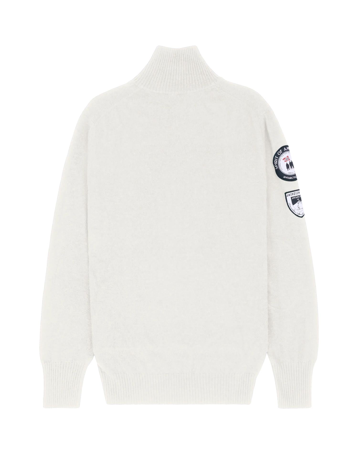 Amundsen Peak Half Zip herregenser i melkehvit, nærbilde av kragen og glidelås, myk og komfortabel ull- og fleeceblanding