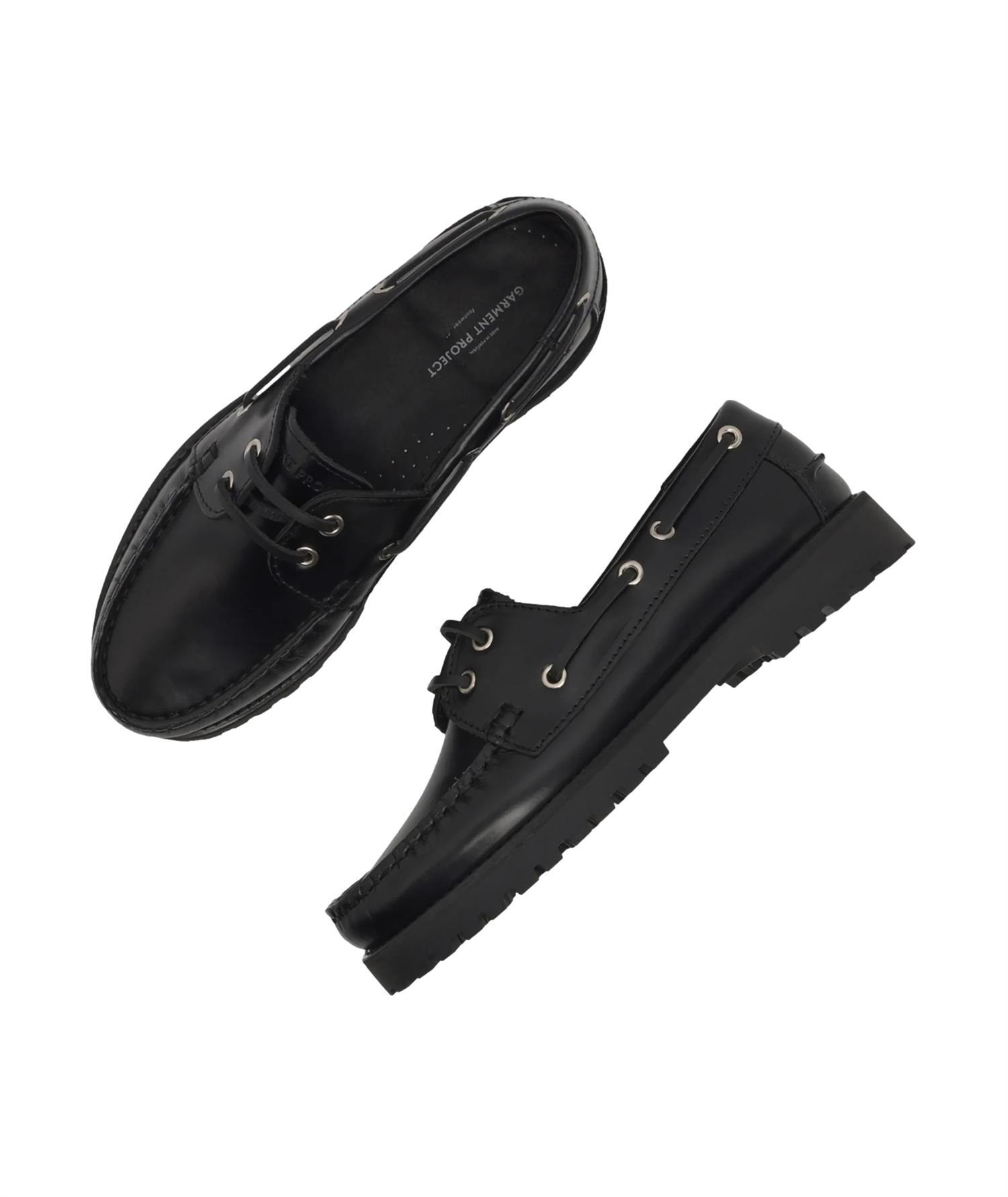 Garment Project Ollie Boat Shoe - Black Polido Leather Sko Blank Sort - modostore.no