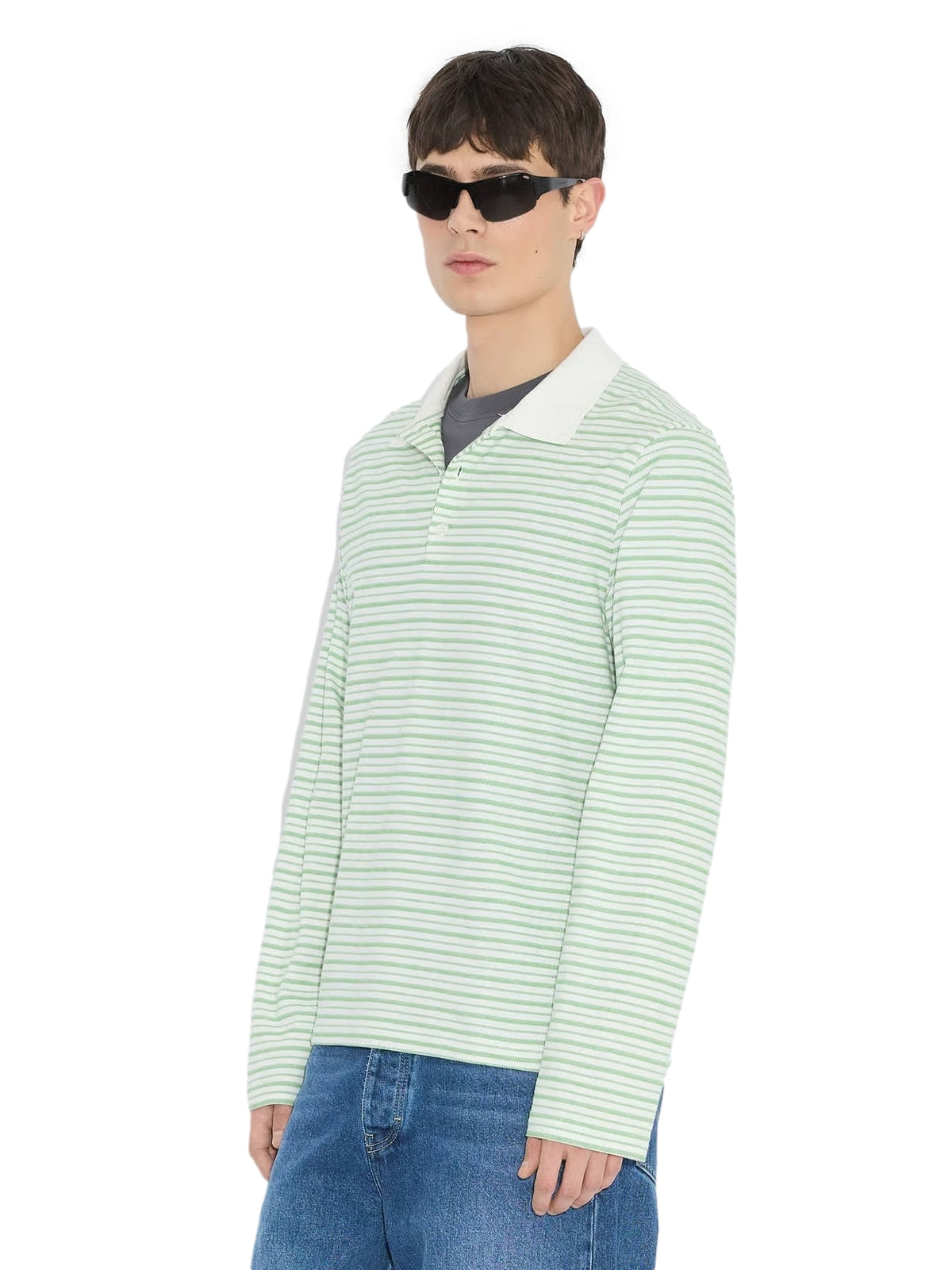 Lysegrønn Holzweiler regular-fit polo genser, nærbilde av bomullsgenser med krage og knappestol, casual stil.
