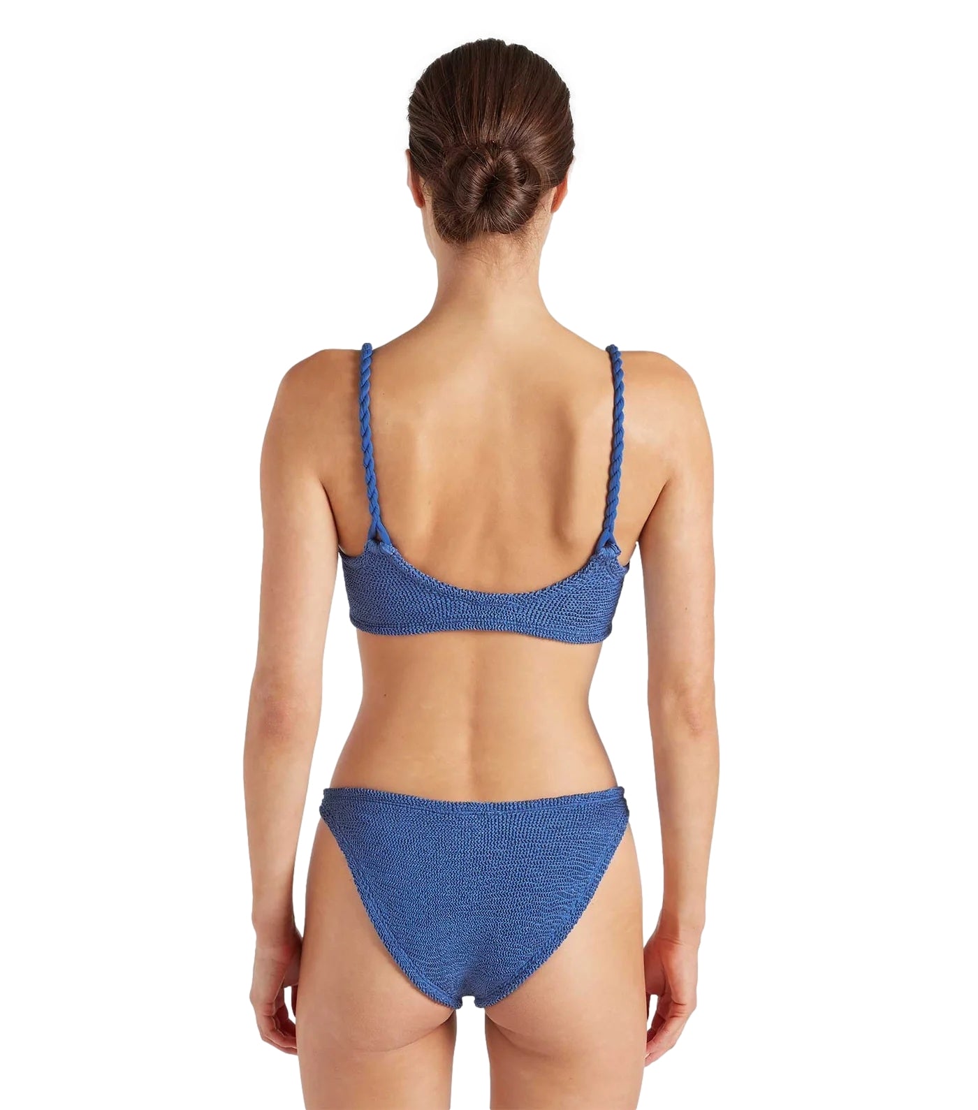 Hunza G Phoebe bikini i metallisk denim i kongeblå, med tettsittende passform og moderne design.