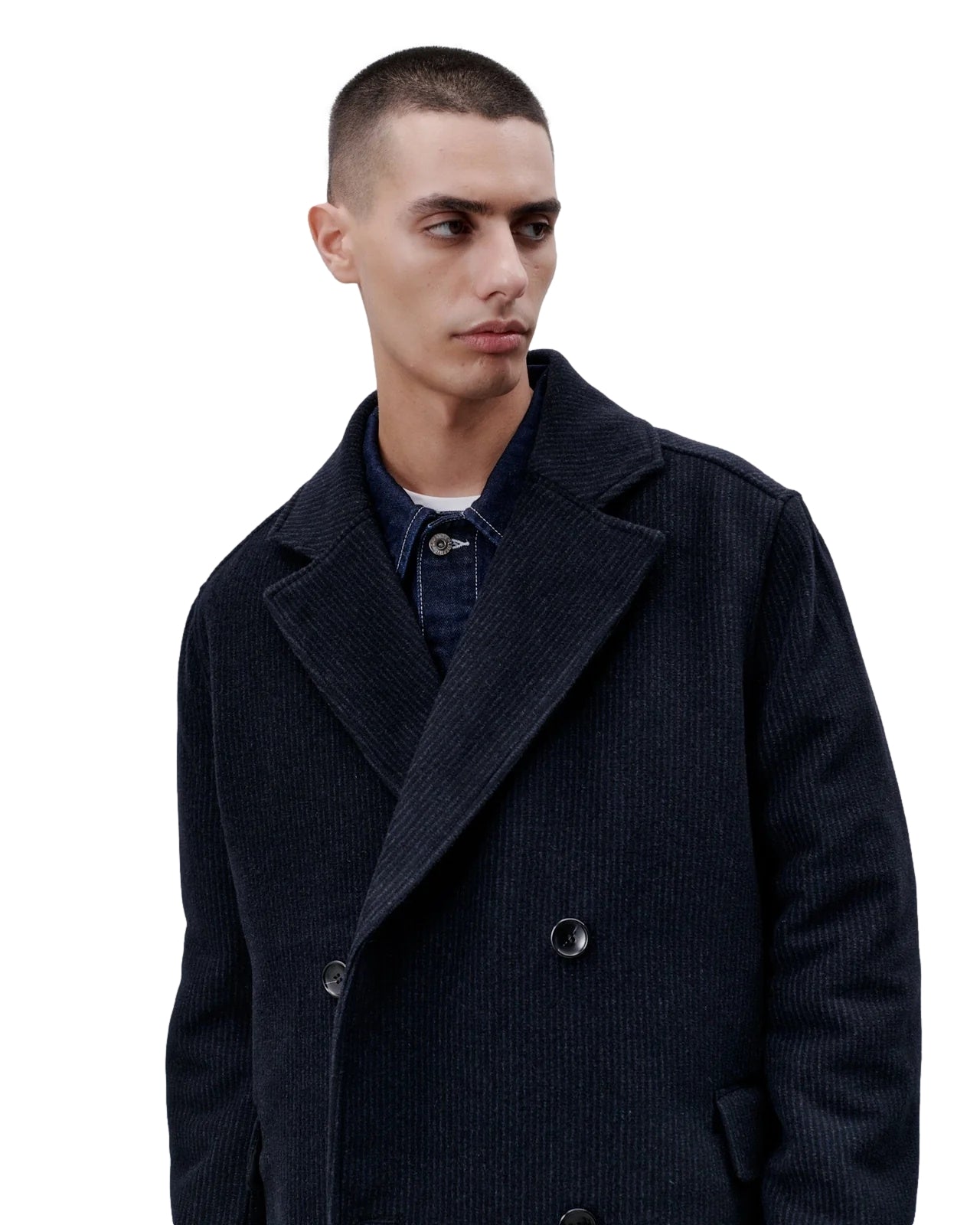 Navy Libertine Libertine overgangsjakke vist i et bilde, med detaljer av stoff og design.