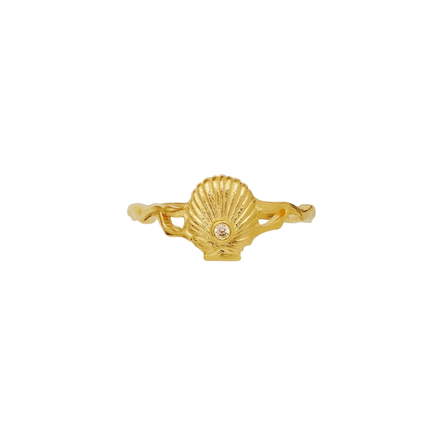 Gullfarget Maanesten Myra-ring av ringdesign med elegant utseende, sett mot nøytral bakgrunn.