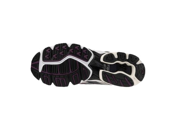 Mizuno Wave Rider 10 løpesko i hvit og lilla med lette, pustende materialer og støtdempende såle for komfort.